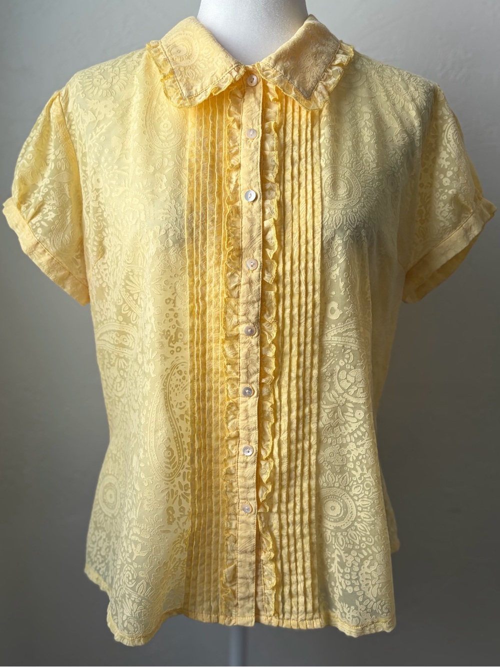 Vintage J.G. Hook Yellow Paisley Burnout Blouse Ruffle Pintuck Size 14